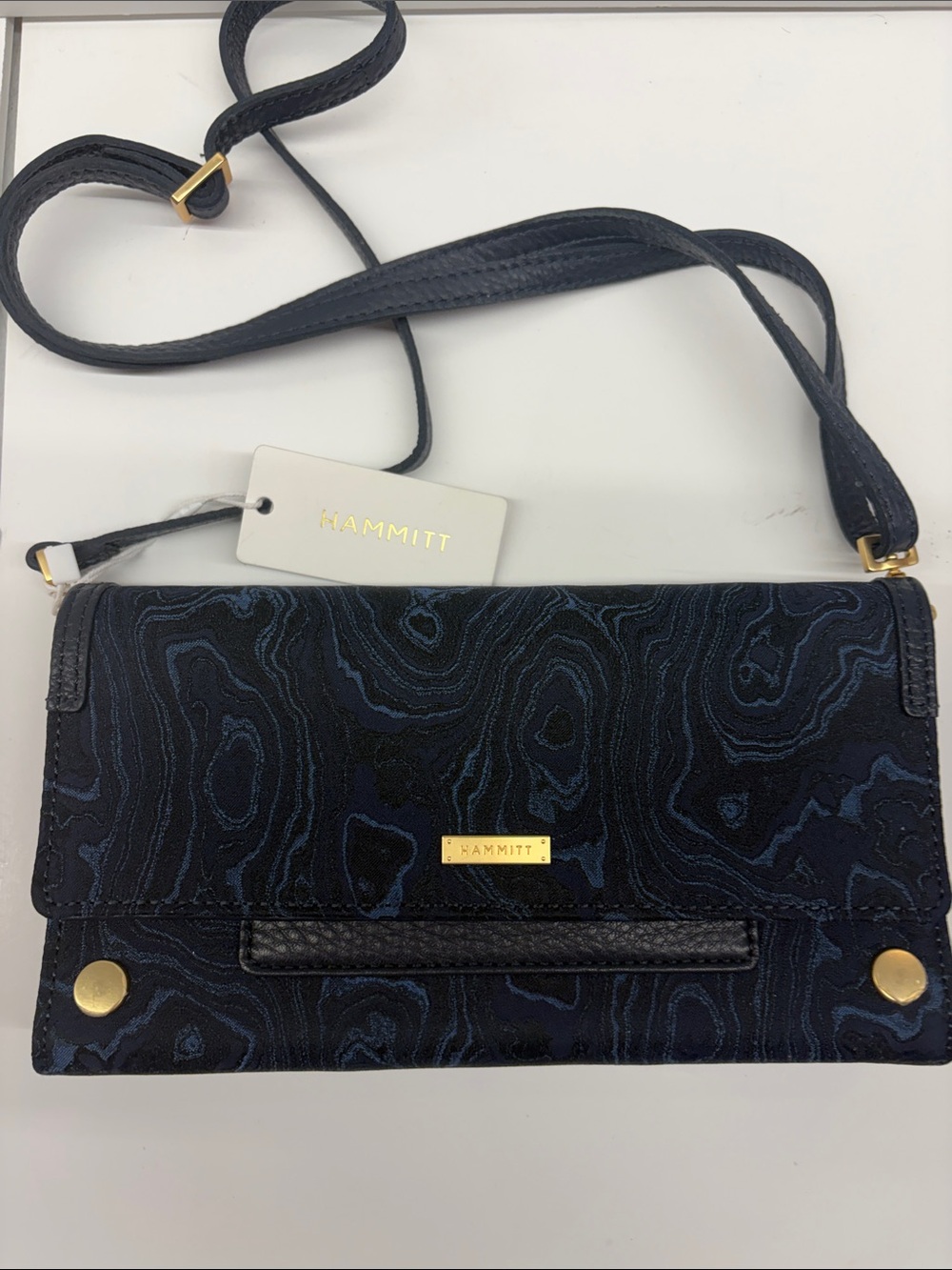 NEW Hammitt Navy and Black Textured Crossbody Bag with Gold Hardware